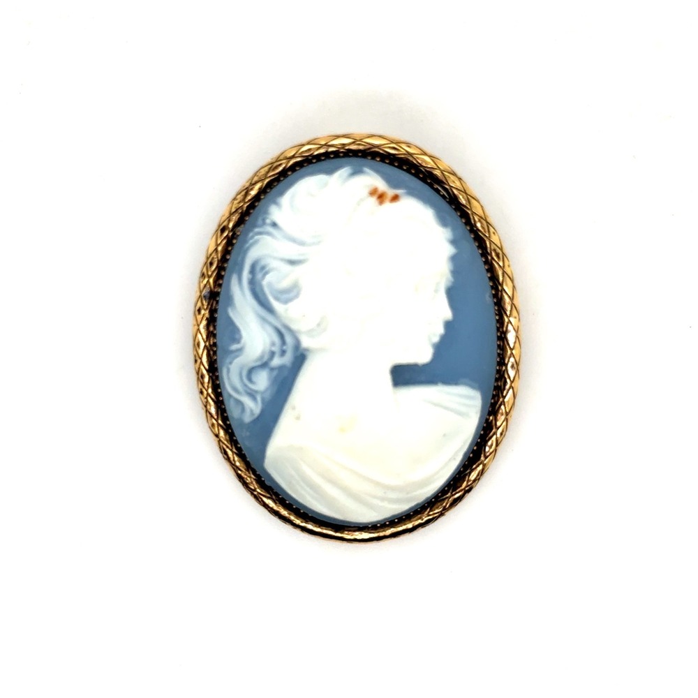 Vintage Gold Tone Blue and White Oval Cameo Brooch Pendant Woman Portrait